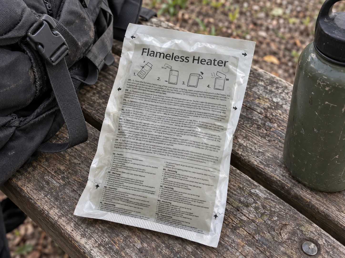24 Hour Meals Flameless Heater in de verpakking tijdens een pauze onderweg, naast wandeluitrusting.