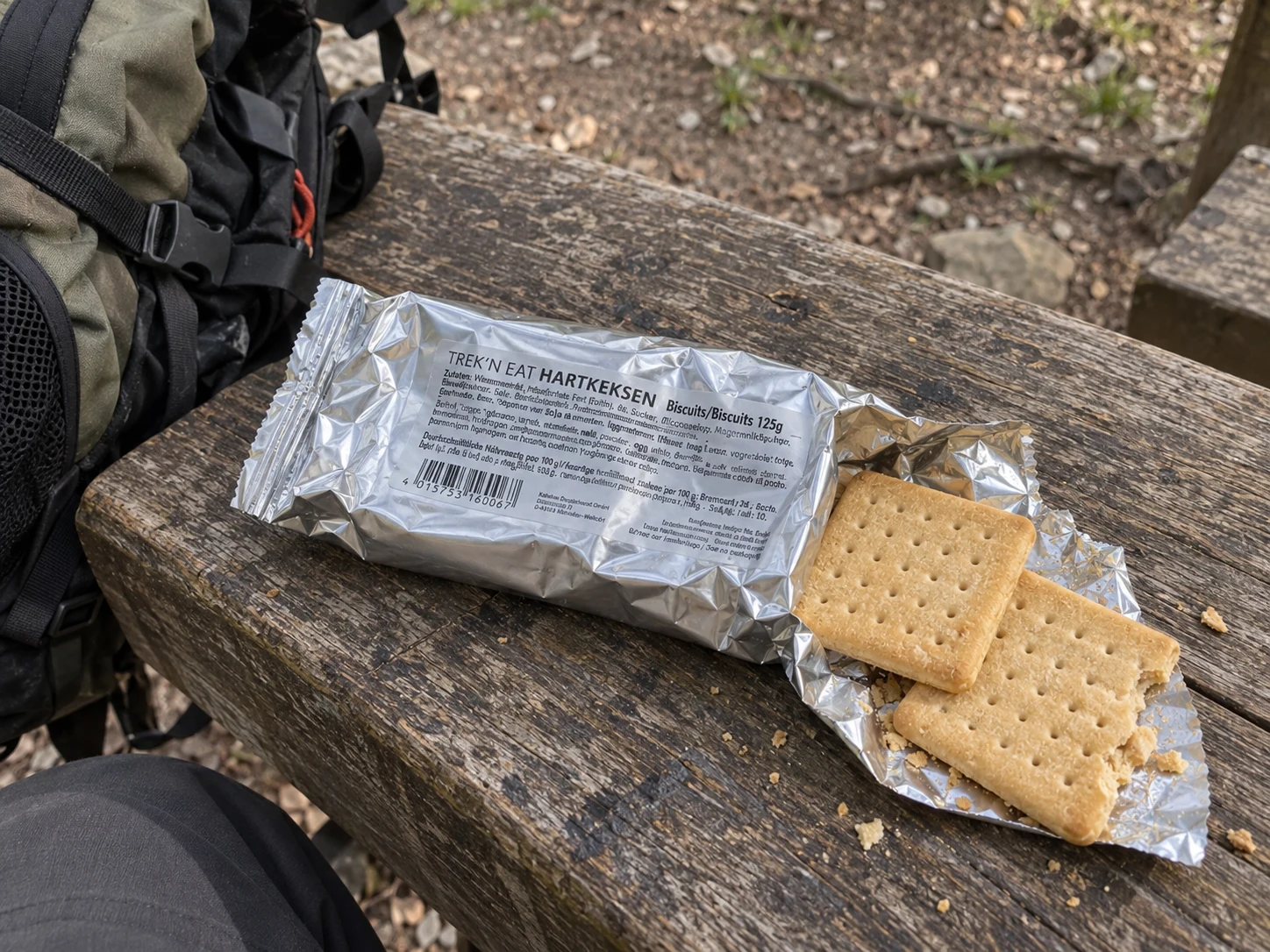 Hartkeks in een geopende zilveren verpakking naast een wandelrugzak.