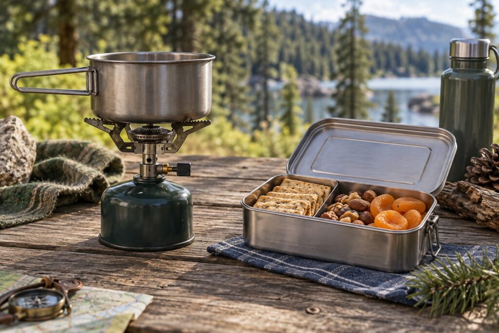 Campingbrander en pan naast een lunchbox met crackers, noten en gedroogd fruit