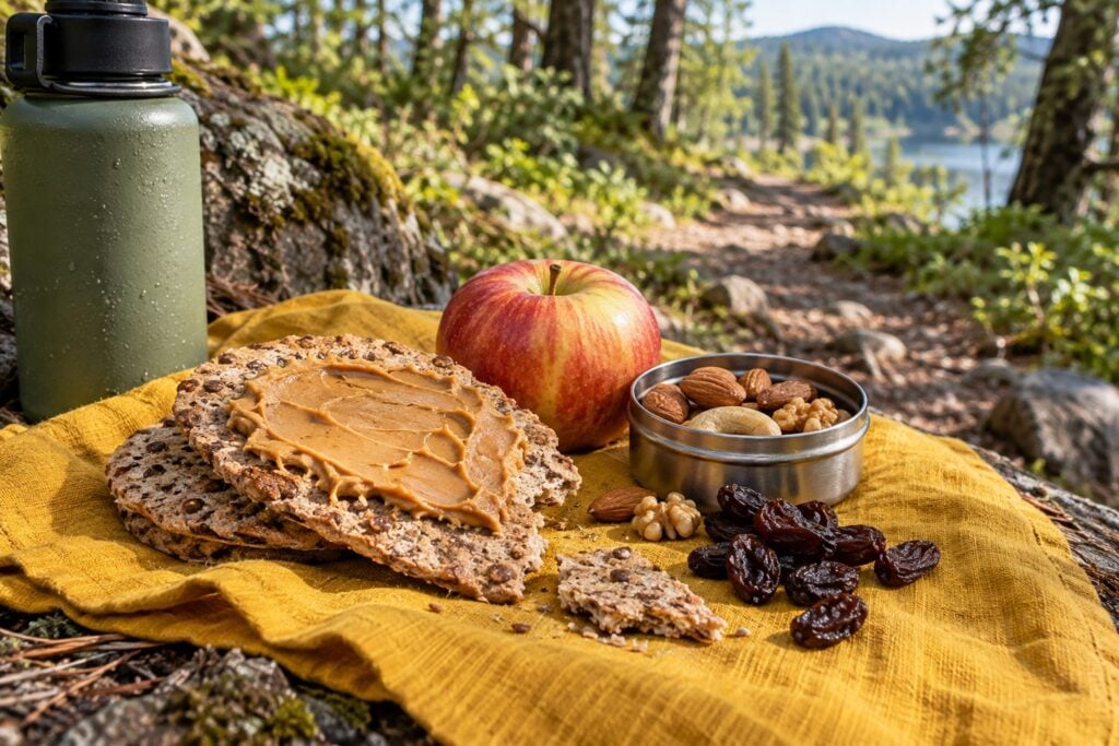 Knäckebröd met pindakaas, een appel, noten en rozijnen langs een bospad