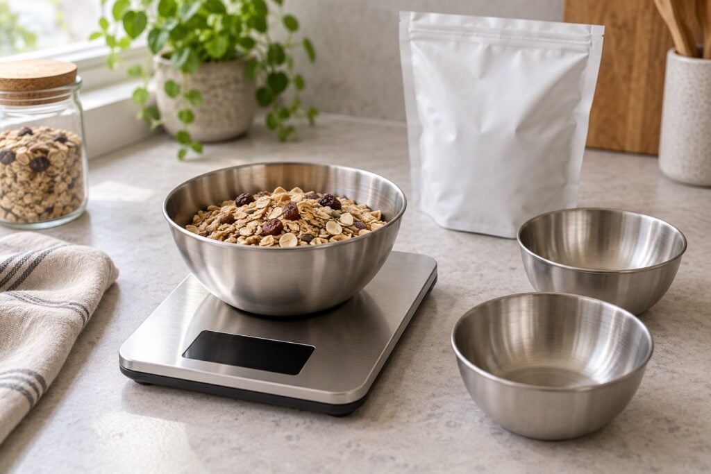 Droge muesli op een keukenweegschaal met twee kommen voor het verdelen van porties
