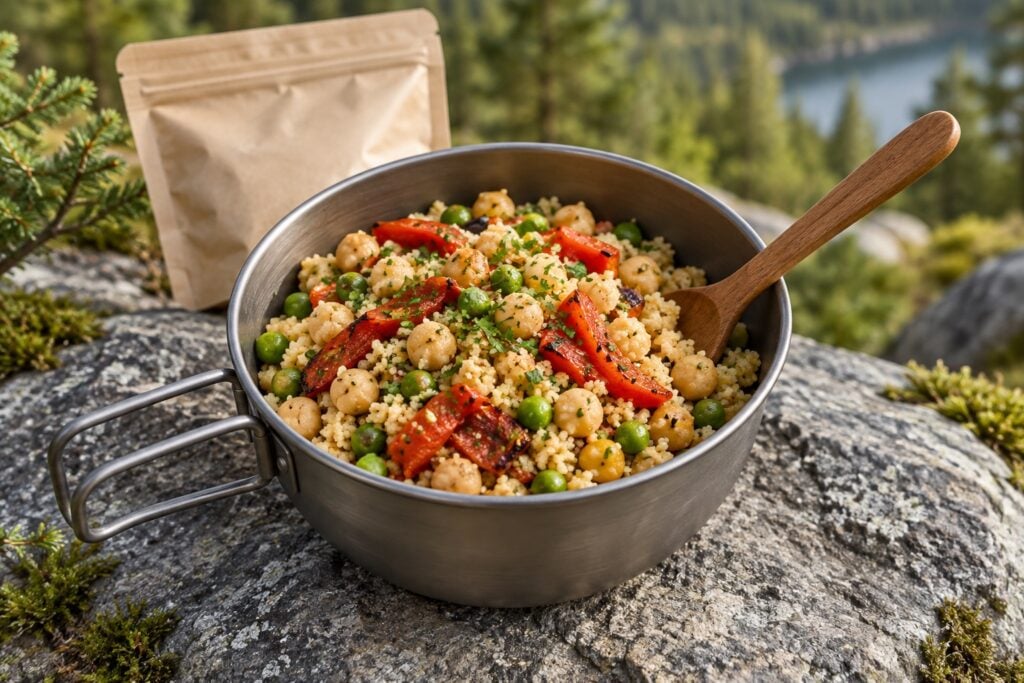 Couscous met kikkererwten en groenten in een kampeerkom